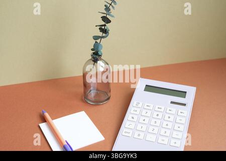 Workspace notepad, pen, calculator, vase of plant on red desk. khaki beige background Stock Photo