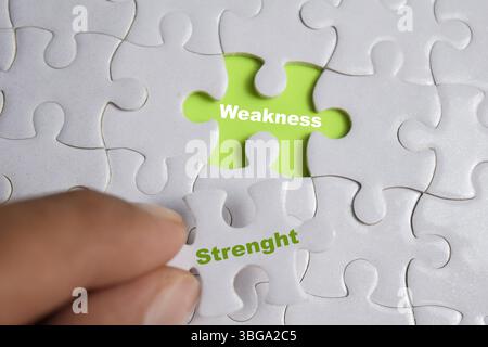 Hand holding piece of jigsaw puzzle with word Strength and weakness. Business and finance concept Stock Photo