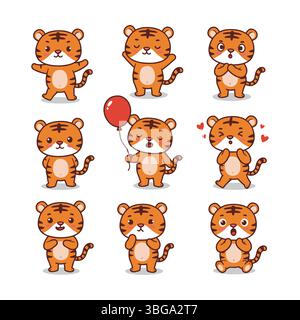 Cute Tiger Character Engaged in Different Activity Vector Set Stock Vector