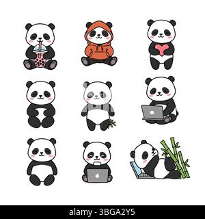 Cute Panda Character Engaged in Different Activity Vector Set Stock Vector