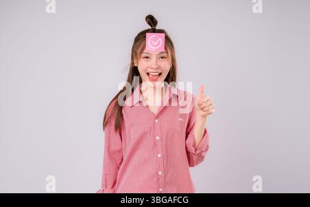Online survey filling out and digital form checklist concept, Woman showing Document Management Stock Photo