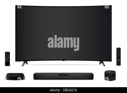 Realistic curved tv screen with remote control and tv equipment. Vector illustration. Stock Vector