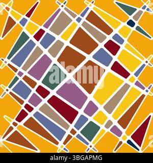 A vibrant seamless vector pattern with a rich autumn-inspired color palette of orange, yellow, burgundy, green, blue, and purple. This warm geometric Stock Vector