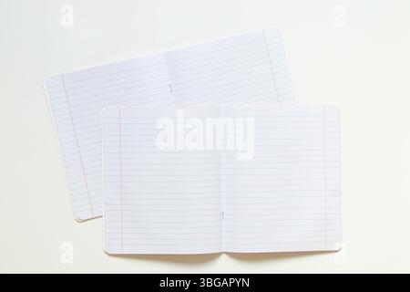 Two lined notebooks fastened with staples on a white background, educational background for school and education Stock Photo
