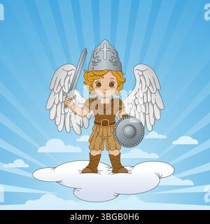 Drawing of Archangel Michael with shield and sword standing on a cloud against a blue sky background with clouds Stock Vector