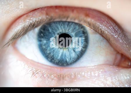 Description: Male eye with blue coloured closed iris. Structural and ...