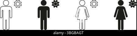 Male And Female With Gear Icon Set. Gender Roles And Workforce Integration Outline And Silhouette Symbol Collection. Represents Collaboration Stock Vector