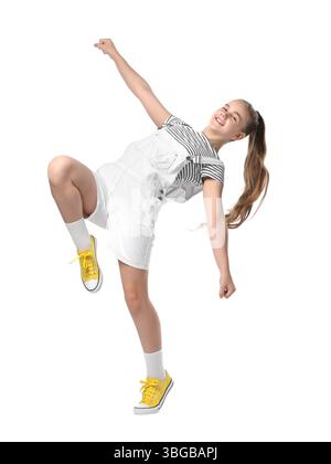 Girl in stylish clothes dancing on white background Stock Photo