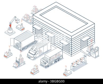 Modern warehouse with autonomous robots moving inventory. Essential visual for tech-forward supply chain, logistics, and inventory management solution Stock Vector