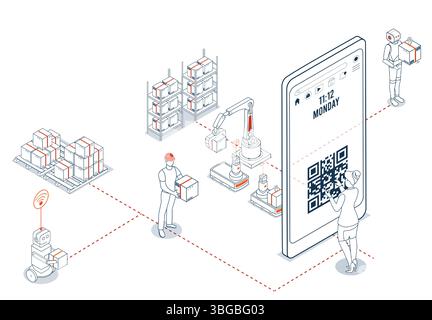 Woman scans QR code on phone to make an online purchase. Features digital payment and efficient delivery logistics with tracking capabilities. Stock Vector