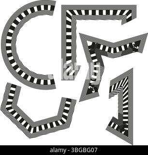 Striped letter shapes. Geometric alphabet symbols. Decorative font design. Vector typography. Stock Vector