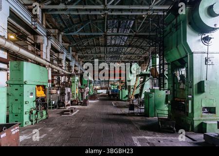 Heavy mechanical engineering factory production line. Interior of workshop. Stock Photo