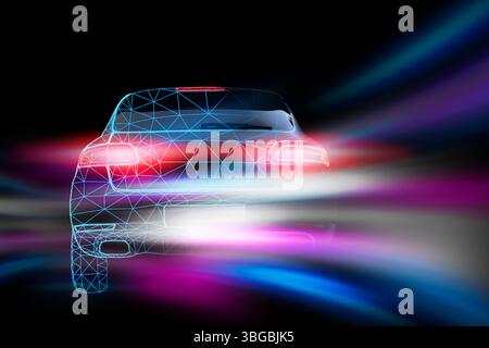 Car in polygonal design and speed light trails on black background, motion blur effect Stock Photo