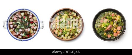 Cold soups in bowls isolated on white, set. Top view Stock Photo