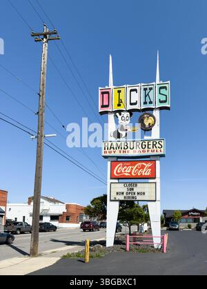 Spokane, WA, USA - May 1, 2025; Sign with brand for Dicks Hamburgers in Spokane Washington Stock Photo