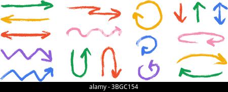 Colorful hand drawn crayon arrow collection. Curved, zig zag and straight doodle arrows set. Charcoal sketch pointers and direction lines. Vector pastel pencil, chalk or marker brush stroke elements Stock Vector