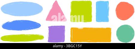 Childish colorful crayon text box set. Cute hand drawn sticker shape collection. Rough edge geometric patch pack. Playful doodled borders and frames. Vector bright painted elements for collage, banner Stock Vector