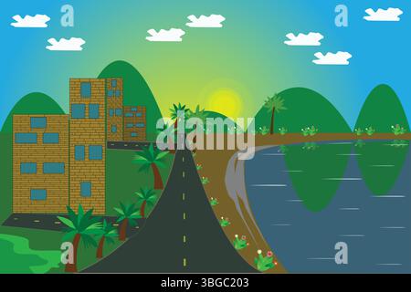 Sunset Cityscape by the Lake with Road and Green Hills – Cartoon Style Illustration Stock Vector