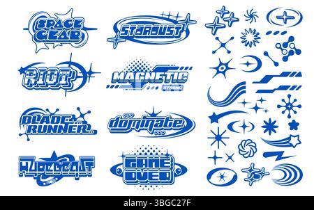 Y2k streetwear label icons and signs in bold blue color. Vector set of futuristic retro emblems with typography like game over, space gear, magnetic, riot and blade runner, stars, comets and glitch Stock Vector