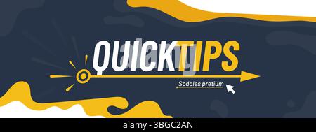 Quick Tips banner featuring yellow and white typography. Vector dark background with an arrow cursor and abstract shapes to convey guidance and direction, advice or insight delivery Stock Vector