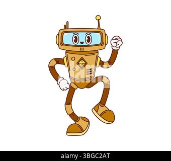 Cartoon groovy robot character with yellow body, square smiling face. Vector funny droid with antenna on head, expressive comic eyes. Retro mechanical personage dancing with funky y2k cyber vibe Stock Vector