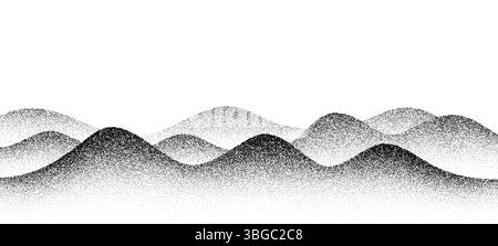 Mountains noise grain landscape, halftone hills, abstract pointillism effect. Vector black and white noisy wavy texture, gradually transitioning in density to form the shape of rolling hills and peaks Stock Vector