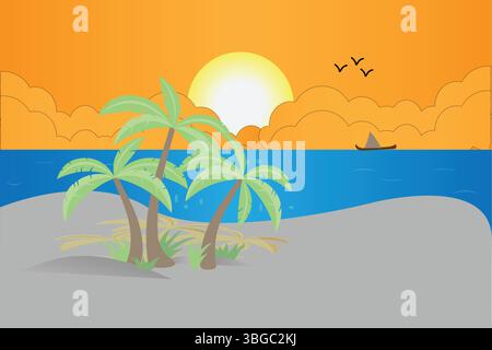 Tropical Beach Sunset with Palm Trees and Ocean Scenery Stock Vector