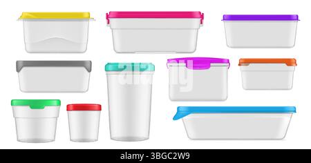 Realistic plastic food containers and lunch boxes. 3d vector set of packages with color lids, varied sizes and secure sealing options. Functional solutions for home kitchen storage or on the go meals Stock Vector