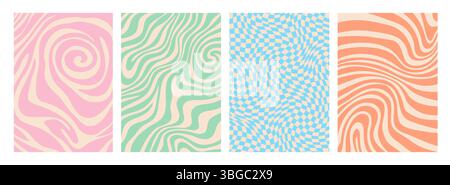 Psychedelic groovy hippie patterns with wavy lines and optical illusion shapes. Abstract vector backgrounds in retro 60s and 70s style. Swirl texture in pastel colors for nostalgic and funky vibe Stock Vector