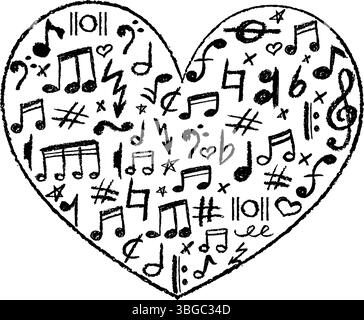 Heart shape filled with musical icons set. Charcoal stamp texture, cute underline symbols for kindergarten or school. Black music note, lightning and Stock Vector