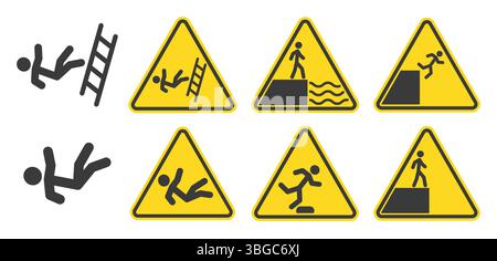 Person falls down the ladder icon. Fall down caution hazard icon symbol. High drop. Falling danger sign. Deep water. Vector illustration. Isolated on Stock Vector