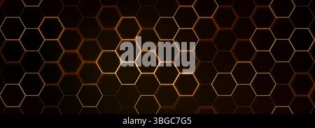 Hexagon game background with glowing golden honeycomb grid on black surface. Abstract geometric pattern of connected cells for futuristic interface design. Digital technology bg with luminous edges. Stock Vector