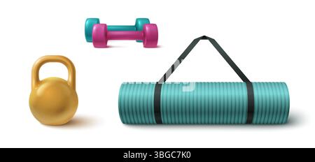 Bright 3d gym equipment set - turquoise and pink dumbbells, golden kettlebell, teal yoga mat with black carrying strap. Colorful fitness accessories for home workout training. Modern exercise tools. Stock Vector