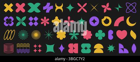 Colorful brutalist shape collection on black background - colorful hearts and stars, suns and flowers, crosses and spirals. Geometric abstract elements for retro graphic design and modern patterns. Stock Vector