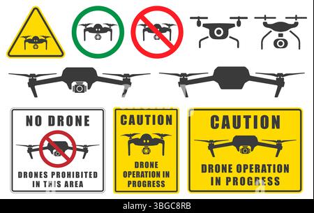 Caution Drone operation in progress. Quadcopter flying icon symbol. Danger Drone fpv copter with action camera. Photo and video filming. Vector illust Stock Vector