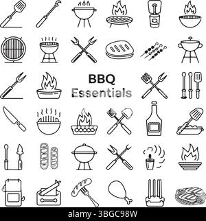 BBQ Essentials Icons Set – Grilling Tools, Food, and Fire Elements Stock Vector