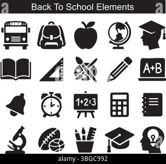 Black School Icon Set Featuring Education Tools, Subjects, and Supplies Stock Vector