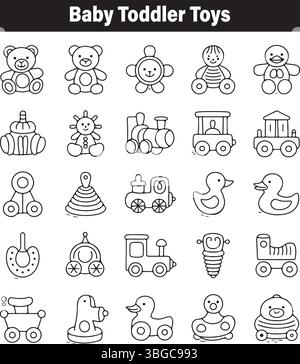 Baby Toddler Toys Icons Vector Outline Set Clipart Collection Stock Vector