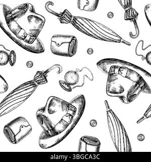 Seamless pattern with a men s theme. A man s hat, pocket watch, purse, umbrella-cane. Hand-drawn vector illustration. Black and white image. For Stock Vector