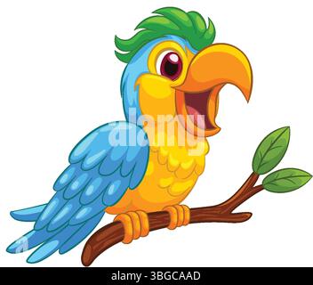 Vibrant vector illustration of a cheerful macaw with bright colors and playful expression, perched on a branch Stock Vector