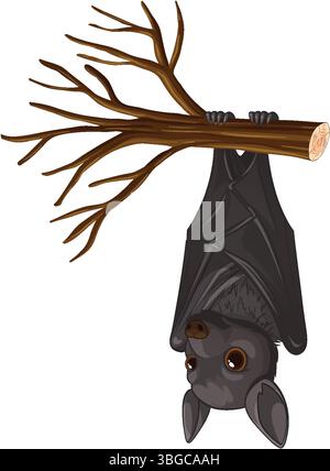 Vector illustration of a cute bat hanging upside down on a tree branch. Features a cartoon style with earthy tones Stock Vector
