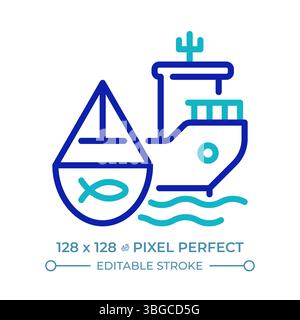 Fishing vessel pixel perfect two color line icon Stock Vector