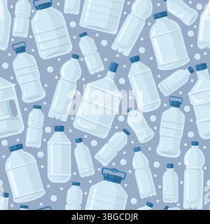 Plastic clear water bottles seamless pattern. Containers for drinking liquid. Refreshing beverage. Bottled aqua. Repeated print. Closed package shapes Stock Vector