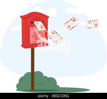 Open mailbox with envelopes of letters flying out. Postage box. Correspondence delivery. Send and receive paper mails. Outdoor letterbox. Post Stock Vector