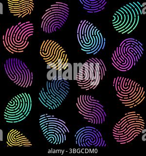 Human multicolored fingerprints seamless pattern. Fingermarks with neon gradient. Repeated print. Unique biometric verification. Thumbprints scanning Stock Vector