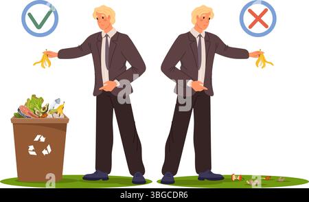 Man correctly disposes of food waste in trash can and improperly scatters trash around. Garbage sorting. Guy throwing rubbish in dustbin. Wrong habit Stock Vector
