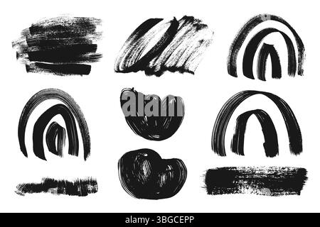 Paint brush strokes collection. Black dry ink stamp brushes, grunge design elements, rainbow, splatters, lines. Rough acrylic dirty brush silhouette Stock Vector