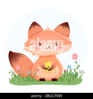 Vector illustration of a smiling cartoon fox with a glowing magic crystal, sitting in grass with colorful flowers. Great for kids design, fairytale th Stock Vector