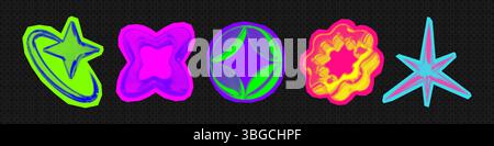 Y2k 3d punk neon colors light chrome halftone stars shape retro abstract vector illustration sticker set. Stock Vector