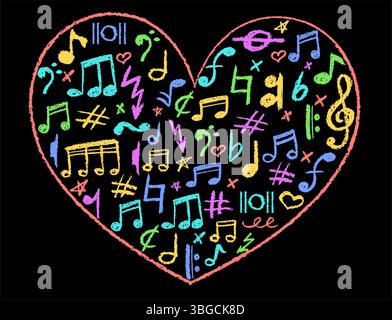 Heart shape filled with musical icons set. Charcoal stamp texture, cute underline symbols, and kindergarten color. Colorful music note, lightning and Stock Vector